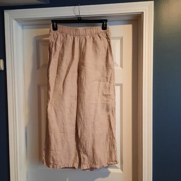 Cynthia Rowley Pants - Cynthia Rowley Linen Pants Womens Large Tan Beige Pull On Wide Leg Cropped Beach